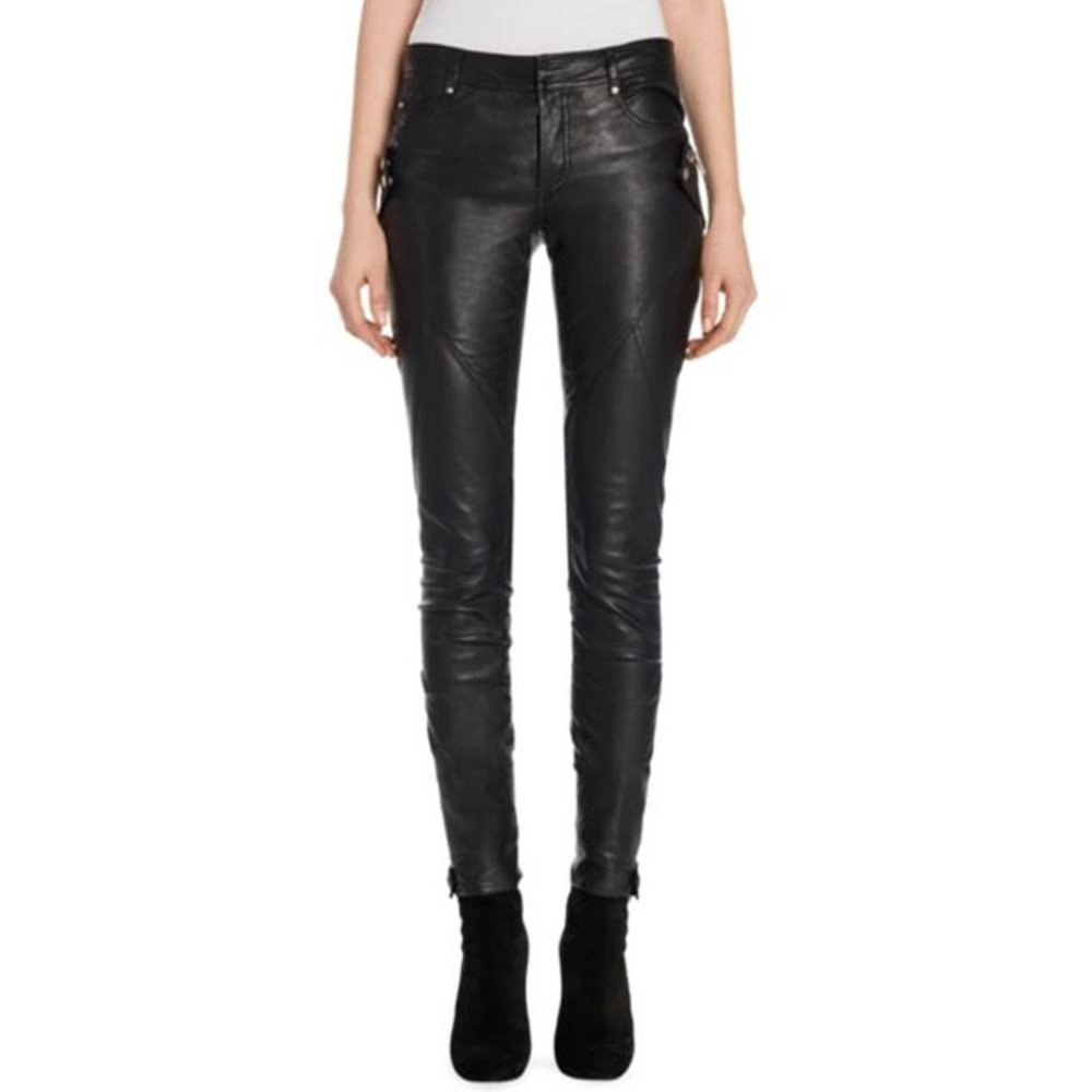 NWT $6145 Auth Alexander McQueen black stretch leather biker pants SZ IT 40 US 6